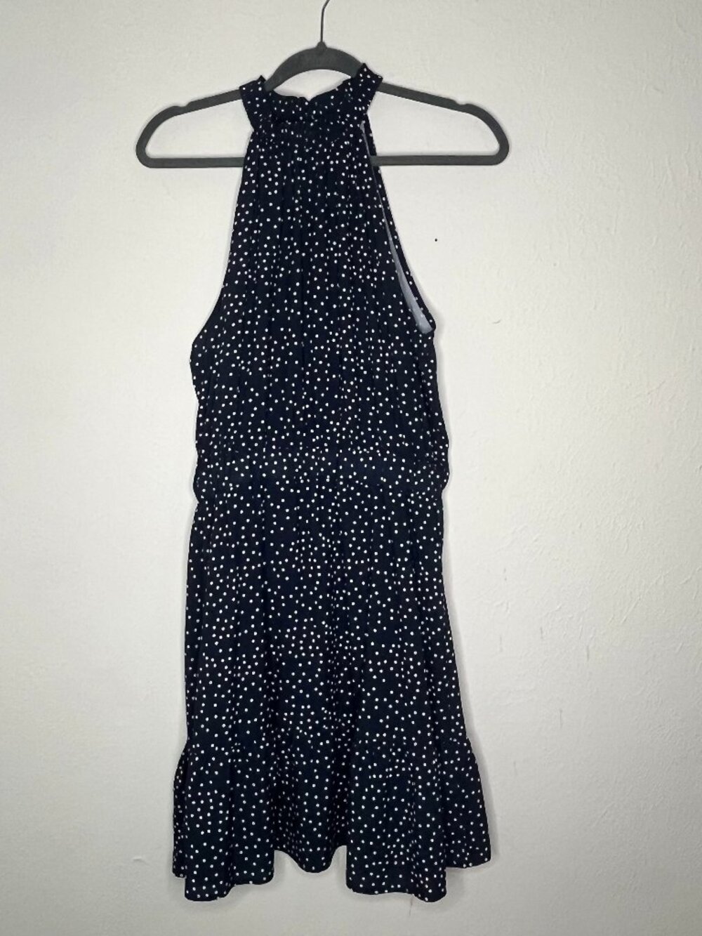 Women's Dark Blue Polka Dot Print Halter Belted Ruffle Hem Dress Size Large